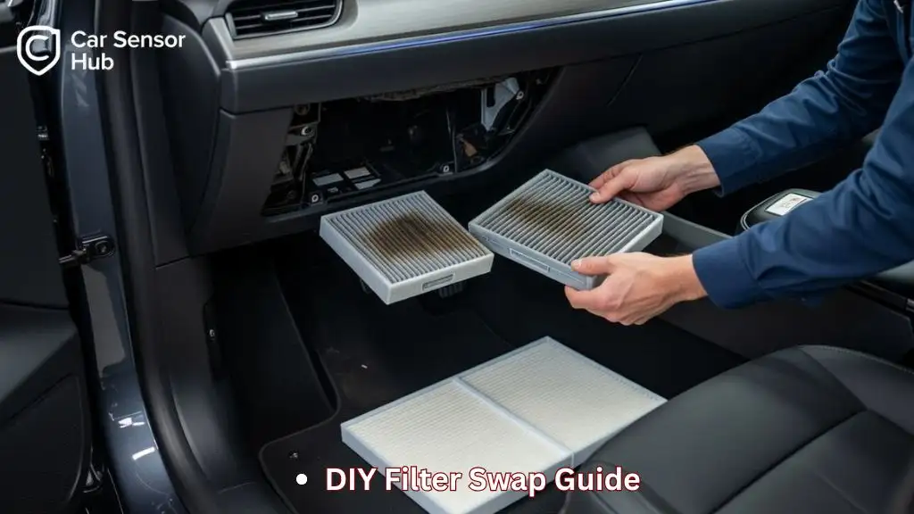 Tesla Model Y Air Filter Interval showing removed cabin air filters next to a Model Y for replacement timing reference