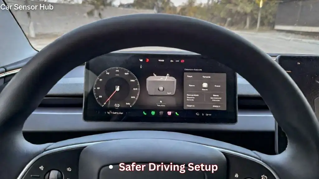 Tesla model y instrument cluster display mounted behind steering wheel showing speed and alerts