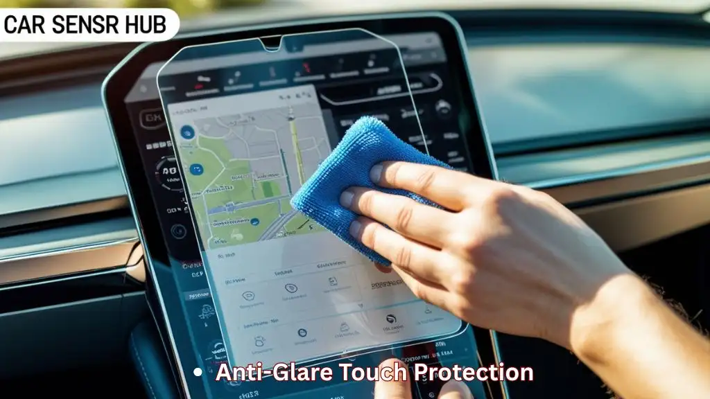 Tesla Model Y Screen Protector shown on a touchscreen with tempered glass guarding against scratches and glare
