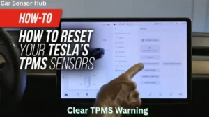 Tesla Model Y Tire Pressure Sensor Reset Guide showing the touchscreen TPMS menu being used to reset tire pressure sensors