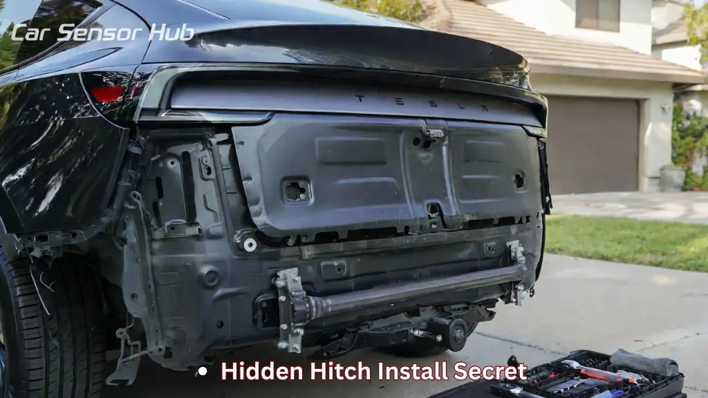 A close-up view of a DIY installation process showing the steel receiver being mounted to the frame for a Tesla Model Y tow hitch DIY project.