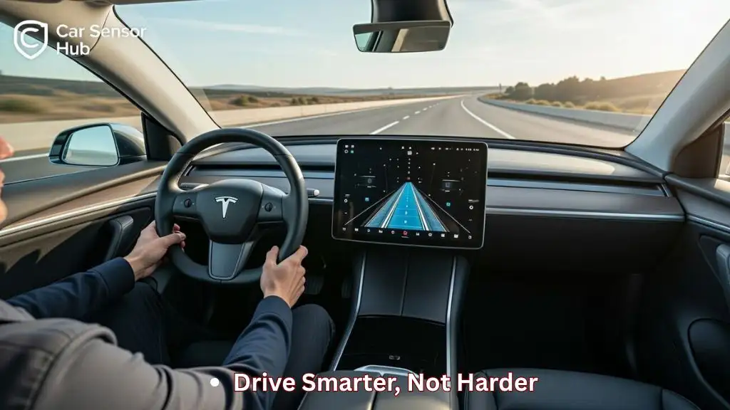 A 2026 Tesla Model Y dashboard showing the blue Autopilot lane visualization during highway driving.