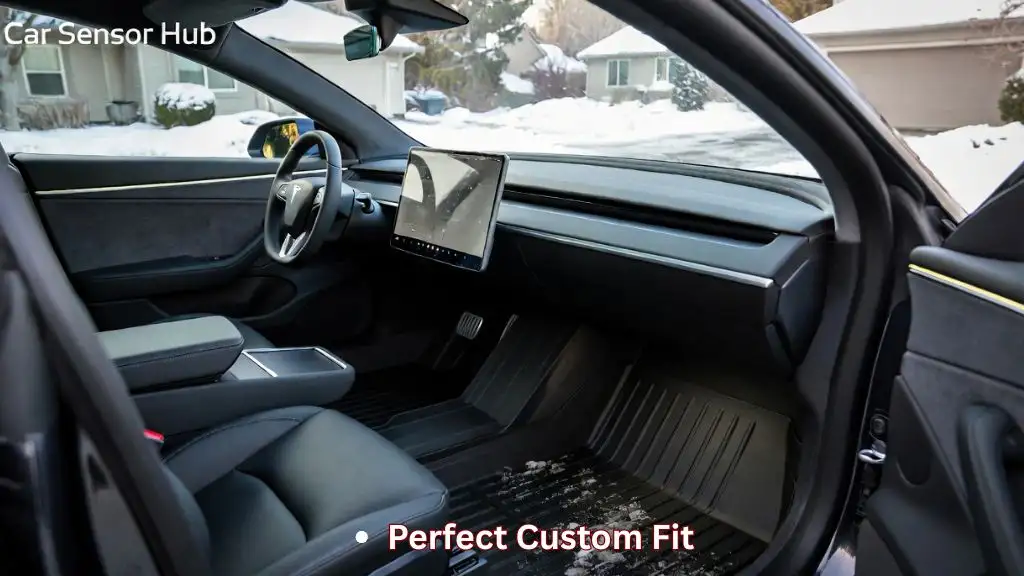 All Weather Floor Mats for Tesla Model S installed inside a snowy vehicle interior catching mud and moisture.