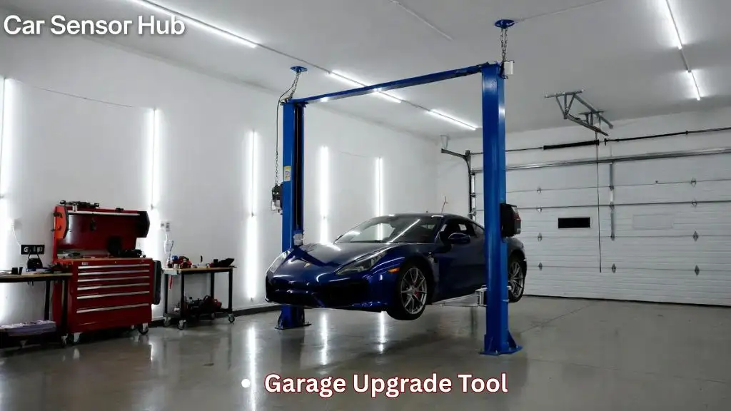 A professional 2-post car lift installed in a residential home garage, lifting a vehicle for maintenance.