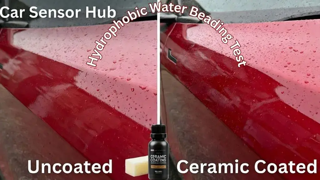A comparison showing the hydrophobic water beading effects of a ceramic coating on a Tesla Model Y.