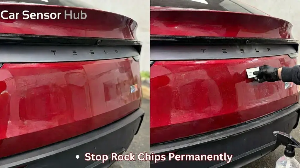 A person installing a precut paint protection film kit on a 2026 Tesla Model Y front bumper.