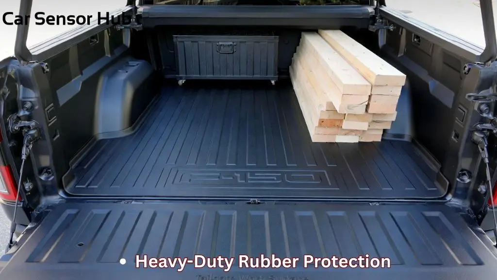 A heavy-duty rubber bed mat installed in a 6.5-foot Ford F-150 truck bed.