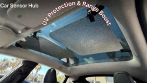 A high-quality mesh sunshade installed on the panoramic glass roof of a 2026 Tesla Model 3 to block UV rays and reduce heat.