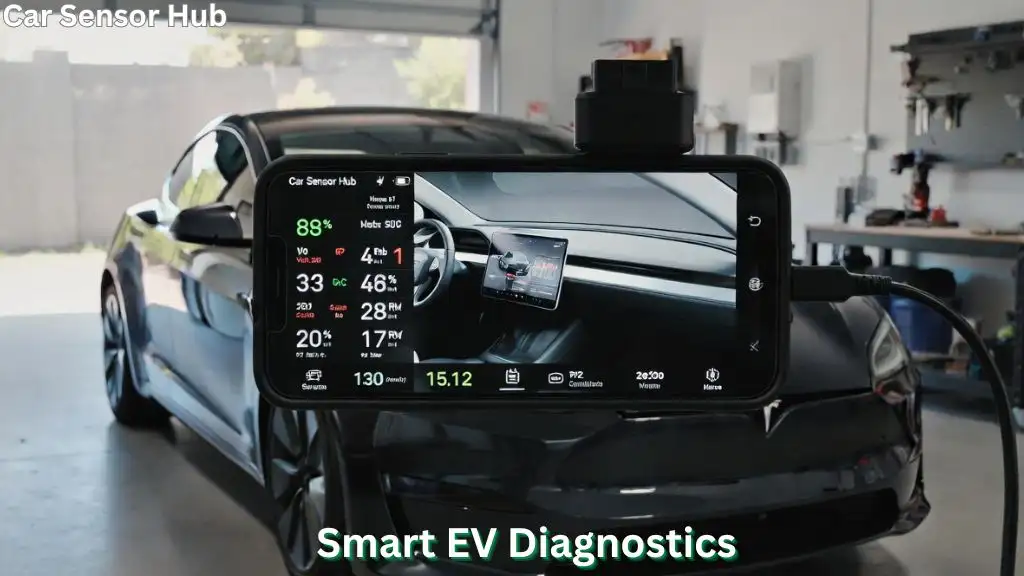 Bluetooth OBD Scanner for Tesla Model S connected while viewing diagnostic data on smartphone