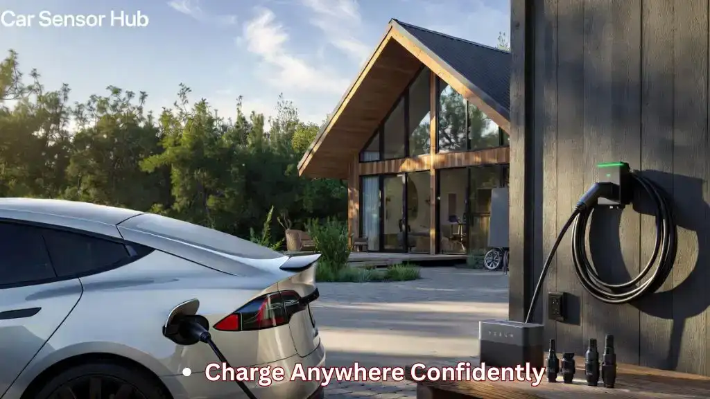 Portable Charger for Tesla Model S Trips connected during a roadside travel stop