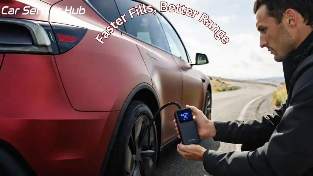 A portable Fanttik X8 Apex EV tire inflator being used on a Tesla Model Y to maintain the recommended 42 PSI for optimal range.