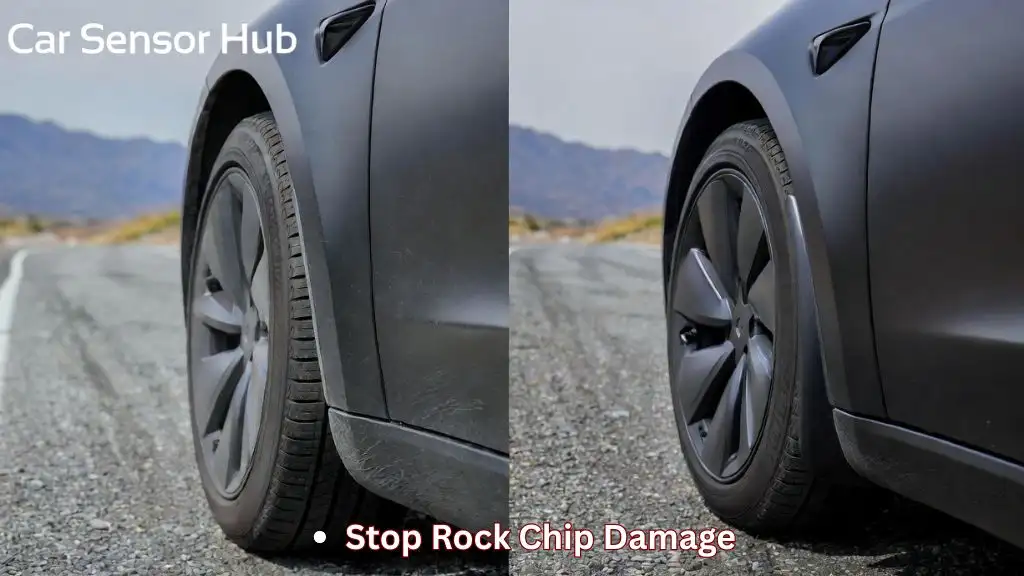 A comparison of a Tesla Model 3 with and without mud flaps, highlighting how they protect the paint from road debris.