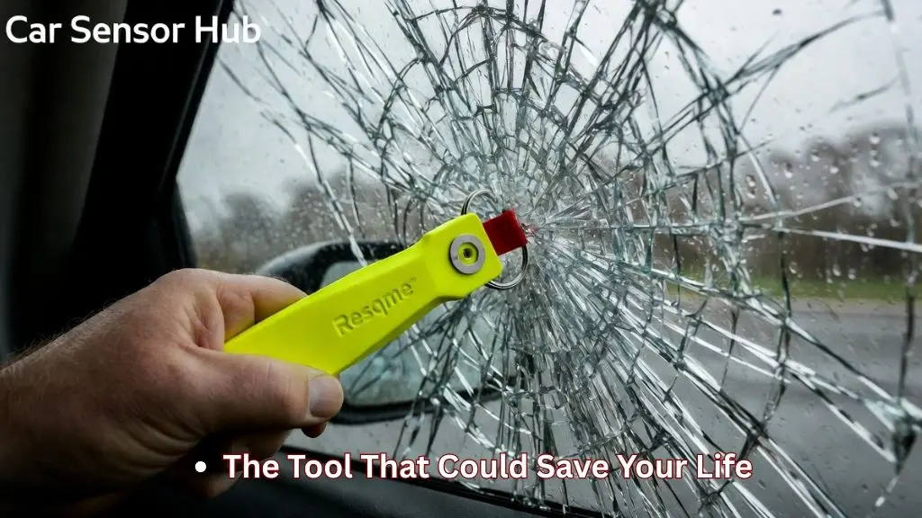 A person using a spring-loaded window breaker keychain on a car side window.