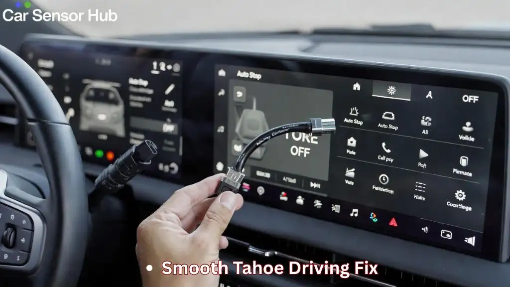 Driver installing Chevy Tahoe auto start stop eliminator module under dashboard OBD port