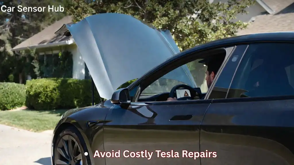 Driver checking Tesla Model S warning message while diagnosing common vehicle problems