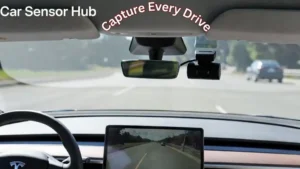 Dash Cam for Tesla Model S mounted behind rearview mirror capturing road ahead