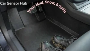 A set of custom-fit 3D all-weather floor liners installed in a Tesla Model S to protect the carpet from dirt.