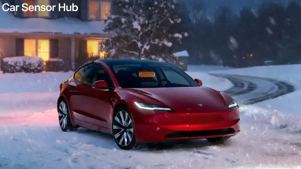 A Tesla Model 3 Highland parked in the snow, illustrating the impact of cold weather on EV battery performance and range.