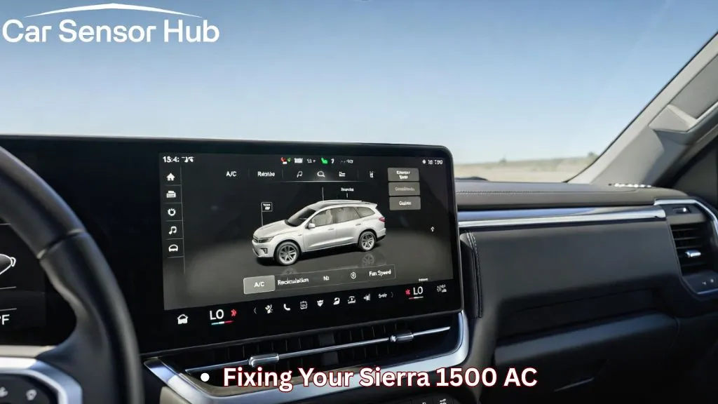 A GMC Sierra 1500 dashboard with climate controls set to max cold while blowing warm air.