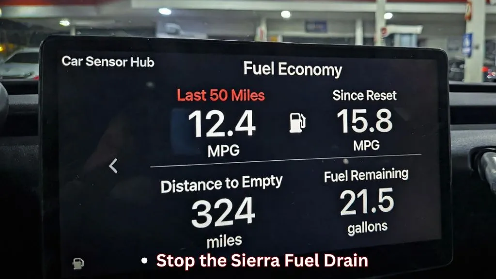 A GMC Sierra 1500 dashboard showing low fuel economy figures at a gas station.