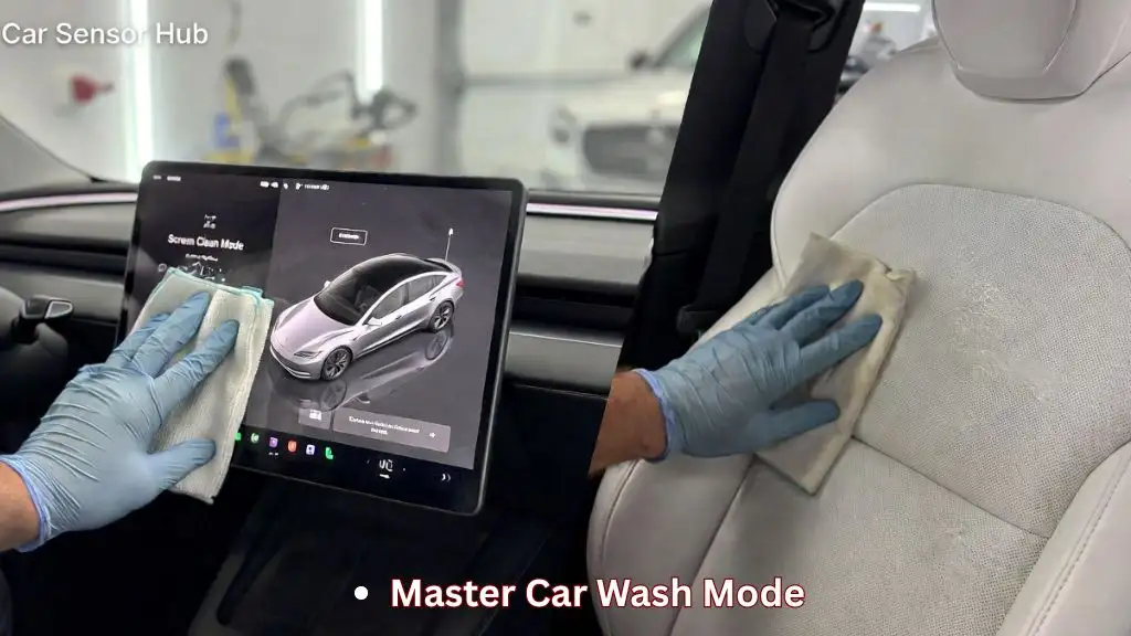 A person cleaning a Tesla Model S interior using a microfiber cloth and specialized Screen Clean Mode.