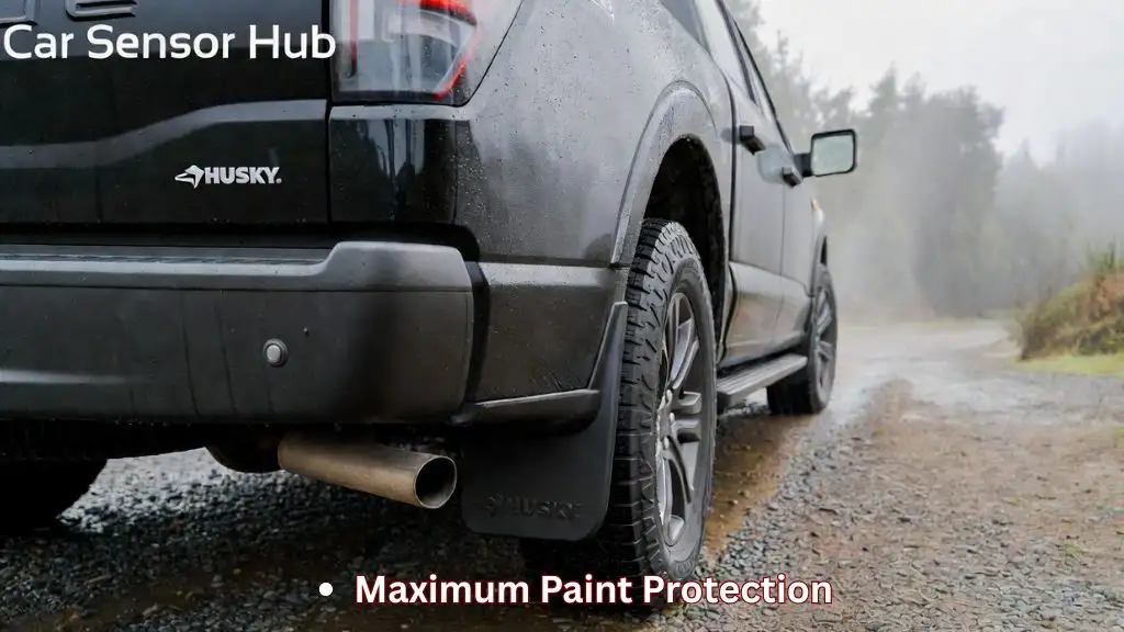 A set of Husky Liners custom-molded mud guards installed on a 2026 Ford F-150, showcasing the exact fit and stone chip protection.