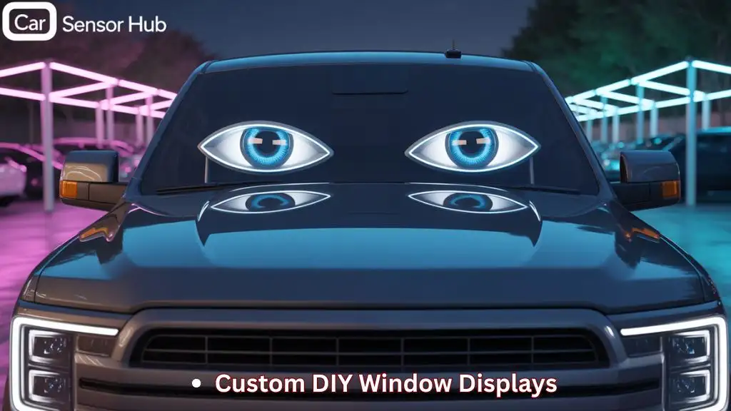 A pair of blue animated LED eyes displayed on a truck windshield using a programmable LED panel.
