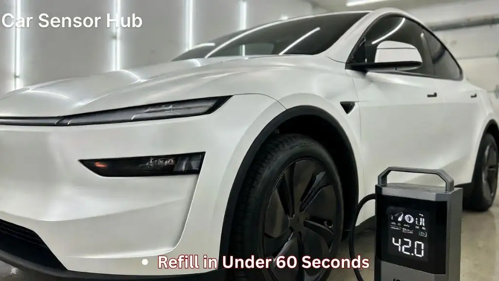 A Jowua 100W portable air compressor being used to inflate a Tesla Model Y tire to the recommended 42 PSI.