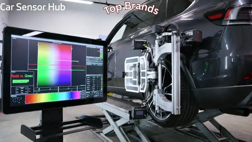 A 3D wheel alignment machine in a professional garage measuring a vehicle's suspension geometry using high-resolution cameras and targets.