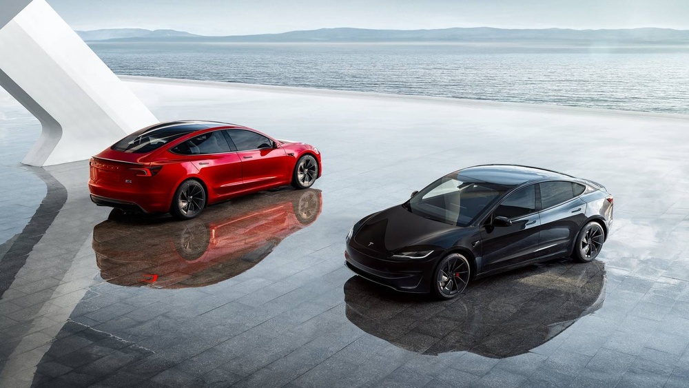 A 2026 Tesla Model 3 showing common areas of concern including the front suspension, touchscreen interface, and new steering wheel buttons.