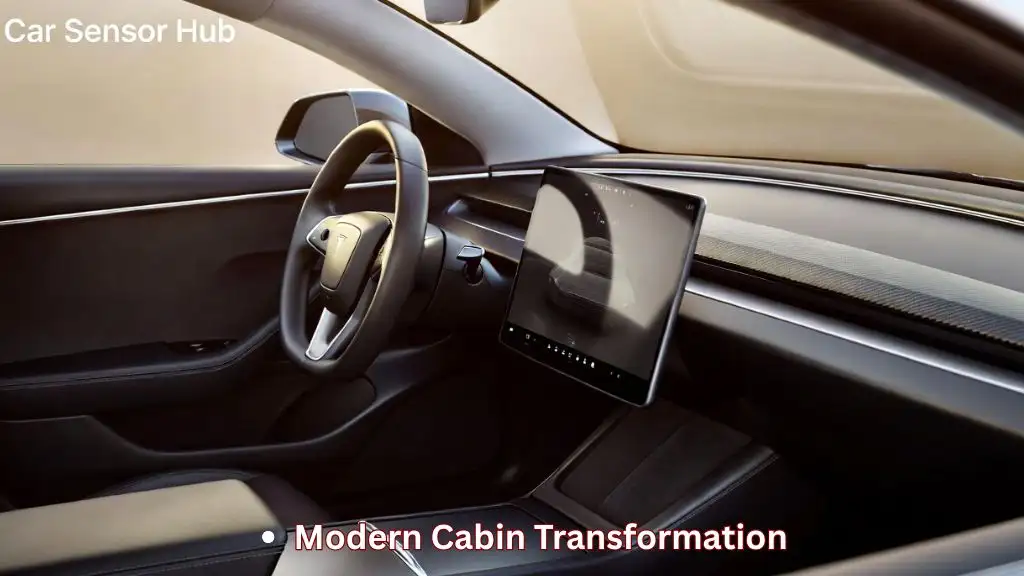 Dashboard trim Tesla Model 3 Highland shown in real carbon fiber inside a modern Tesla cabin with touchscreen and steering wheel visible.
