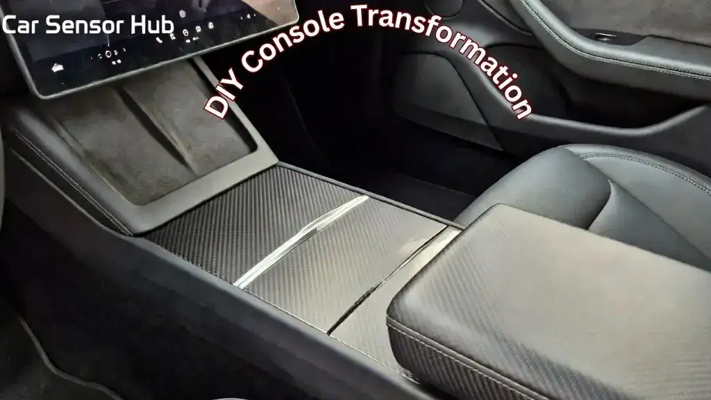 A person applying a matte carbon fiber wrap to the center console of a Tesla Model 3 Highland.