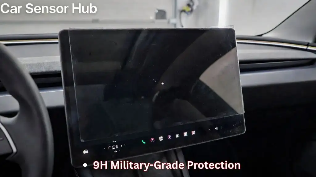 A 9H tempered glass screen protector being installed on a Tesla Model 3 center display with an alignment tool to prevent bubbles.