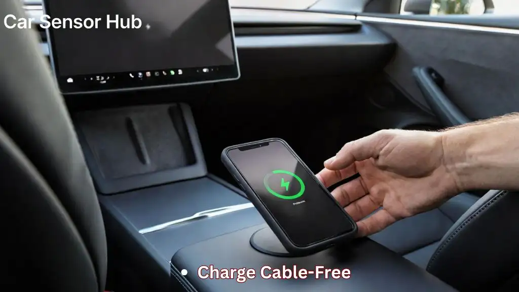 Tesla Model 3 Wireless Charging Pad with smartphone showing charging inside Model 3 interior.