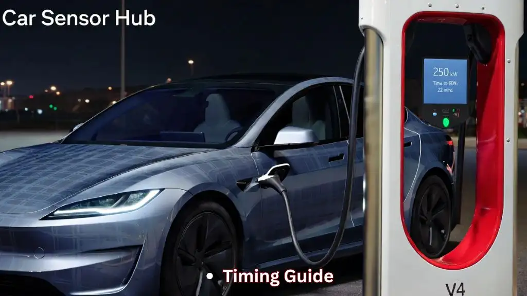 A Tesla Model S charging at a 250kW Supercharger, illustrating fast charging performance.