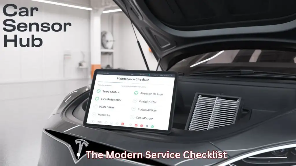 A checklist of essential maintenance tasks for a Tesla Model S, including filters and brake checks.