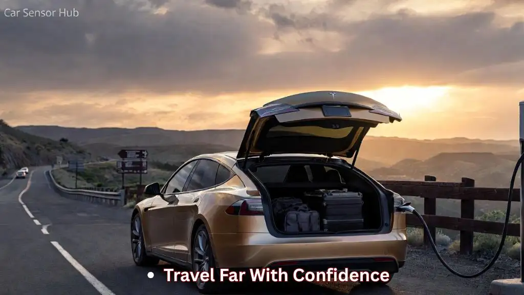 Tesla Model S parked during a scenic road trip with travel gear and charging preparation visible