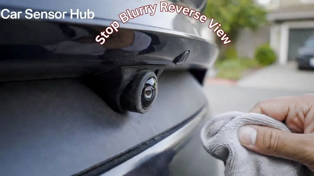 Person cleaning Tesla Model Y backup camera lens to improve reversing visibility