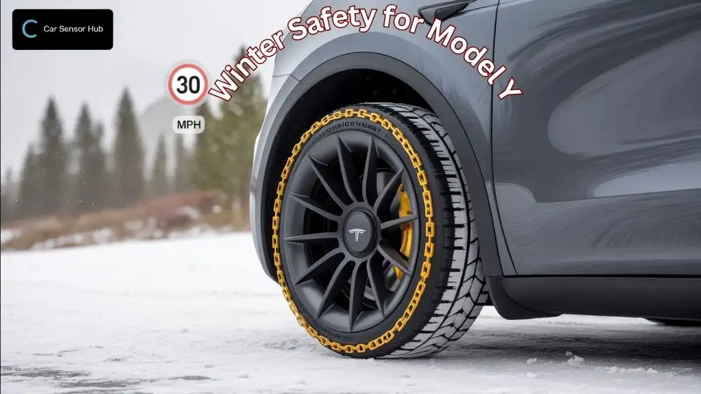 Properly installed König snow chains on the rear wheels of a Tesla Model Y.