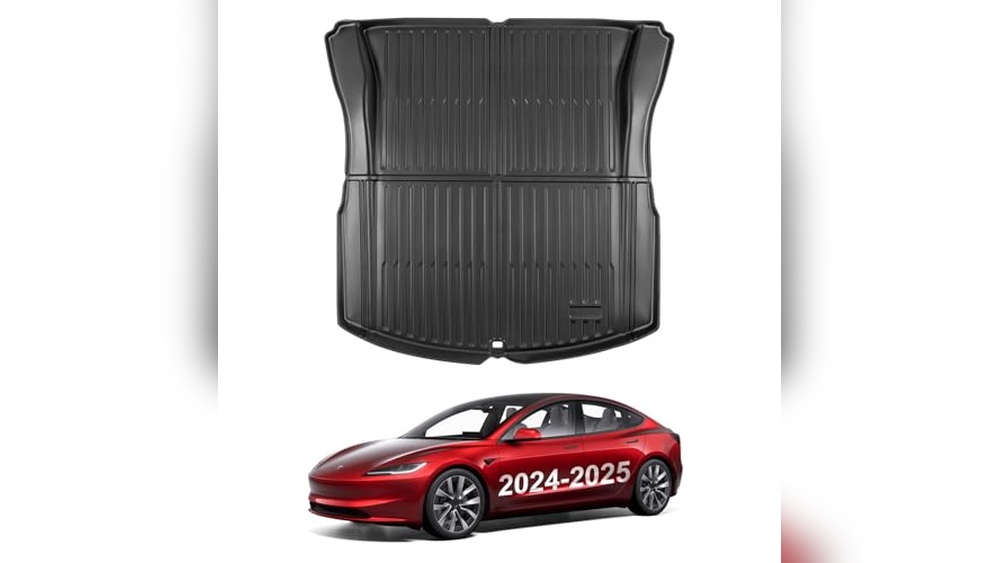 A heavy-duty waterproof trunk liner installed in a Tesla Model 3 Highland, protecting the carpet from wet gear and spills.