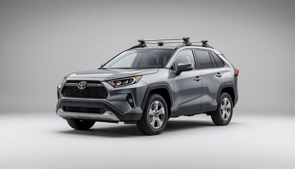 A 2026 Toyota RAV4 with aerodynamic black cross bars and a cargo box.