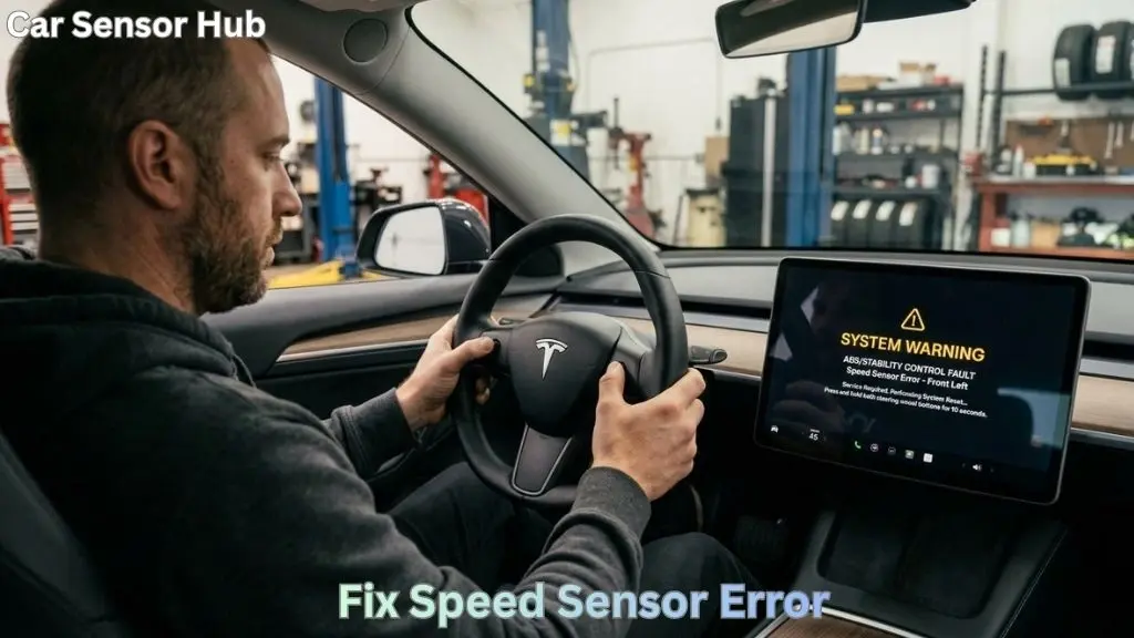 Tesla Model Y dashboard showing speed sensor error while driver performs reset procedure