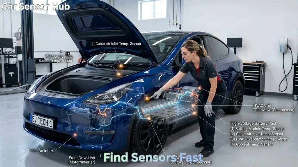 Tesla Model Y showing temperature sensor location near battery and HVAC system