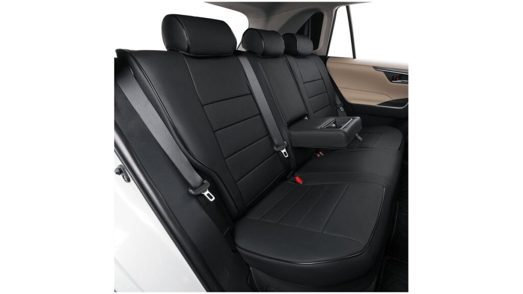 Custom fit leather seat covers installed in a clean Ford Fusion interior cabin.