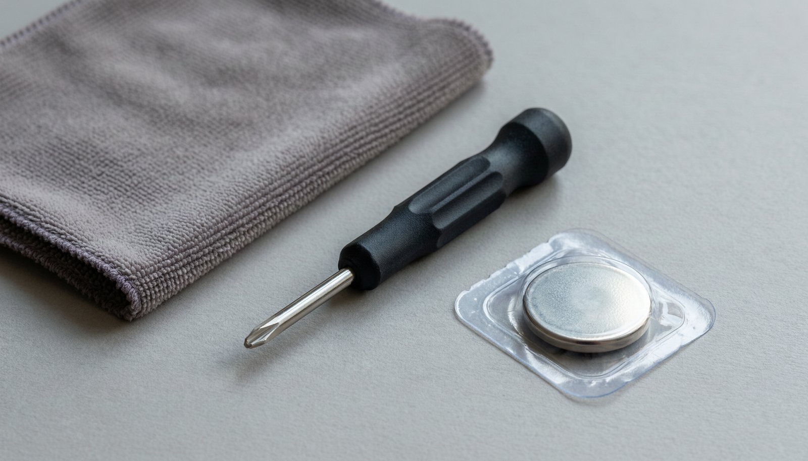Tools for a Mazda key fob battery replacement laid out on a desk.