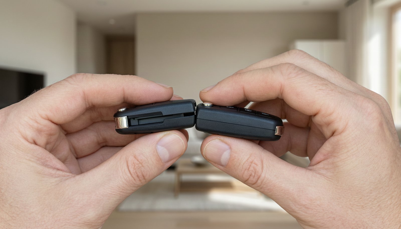Hands carefully reassembling a Mazda key fob after replacing the battery.