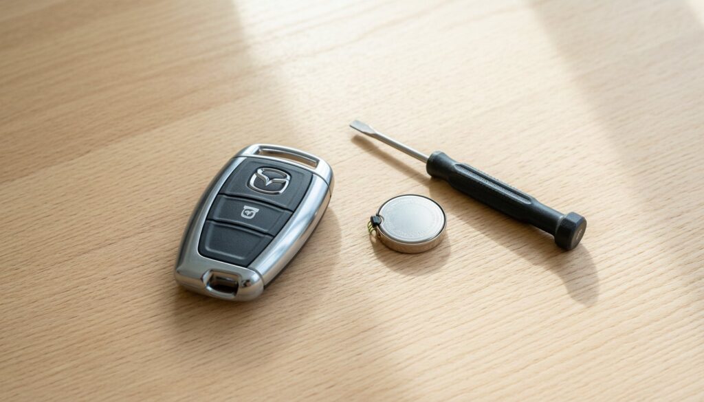 A Mazda key fob with a new battery and screwdriver on a table.