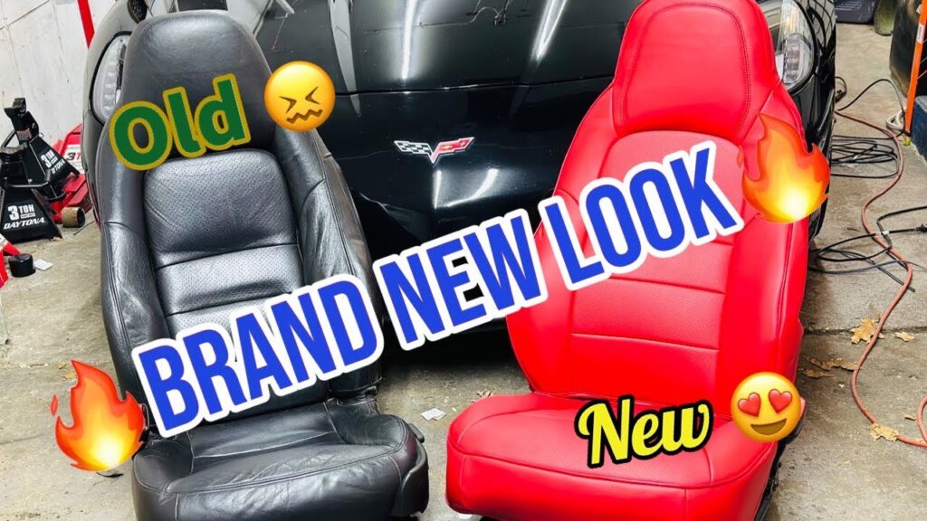 A close-up view of premium leather seat covers inside a C6 Corvette cabin.