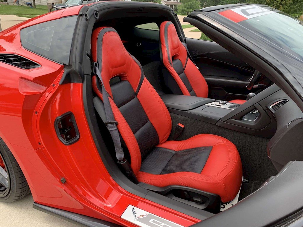 A detailed view of high-quality leather seat covers inside a C7 Corvette.