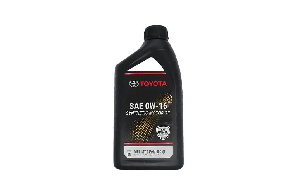 0W-16 synthetic engine oil bottle beside an open Toyota Corolla engine bay